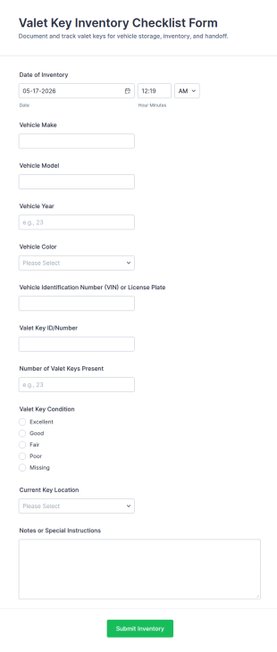 Valet Key Inventory Checklist Form Template