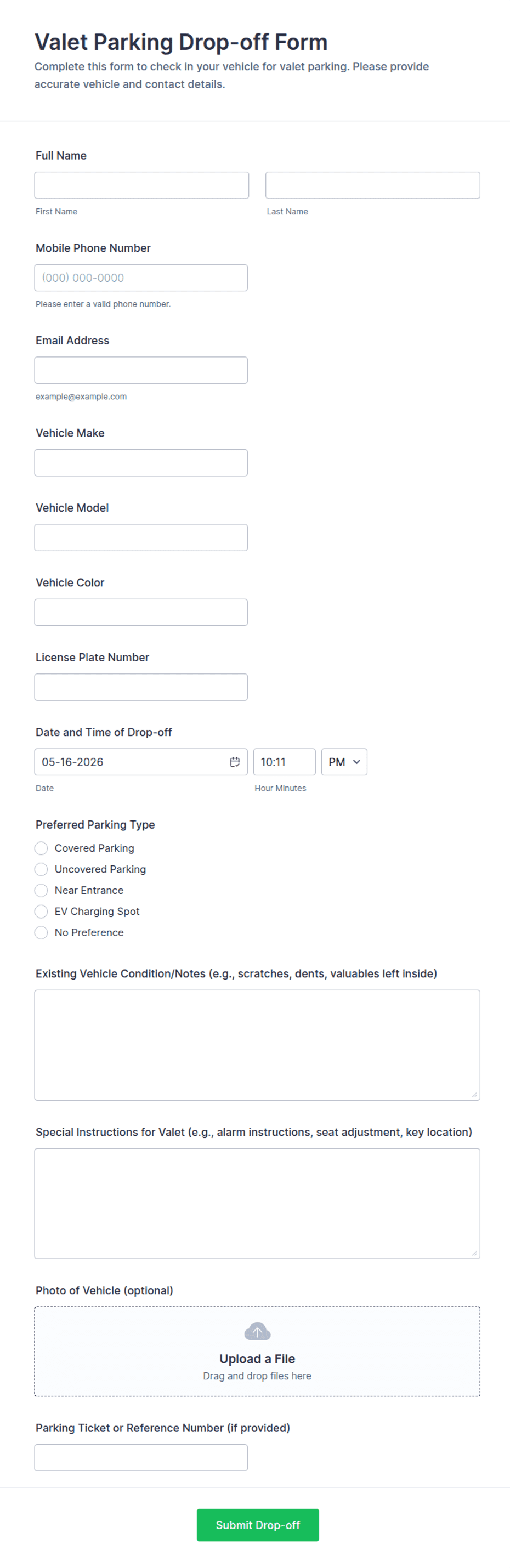 Oata Drop Off Form.pdf Valet Parking Drop-off Form Template | Jotform
