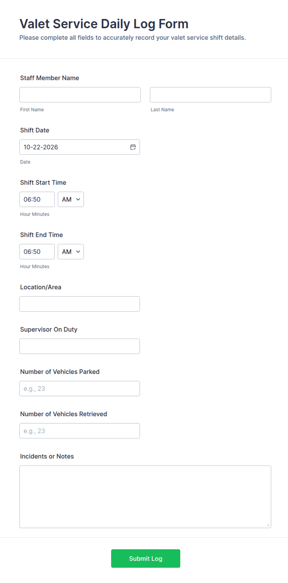 Valet Service Daily Log Form Template | Jotform