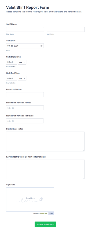 Valet Shift Report Form Template