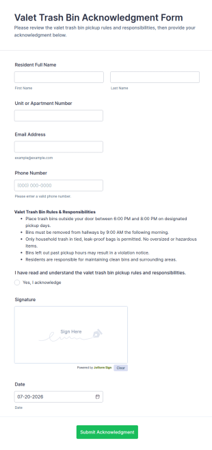 Valet Trash Bin Acknowledgment Form Template