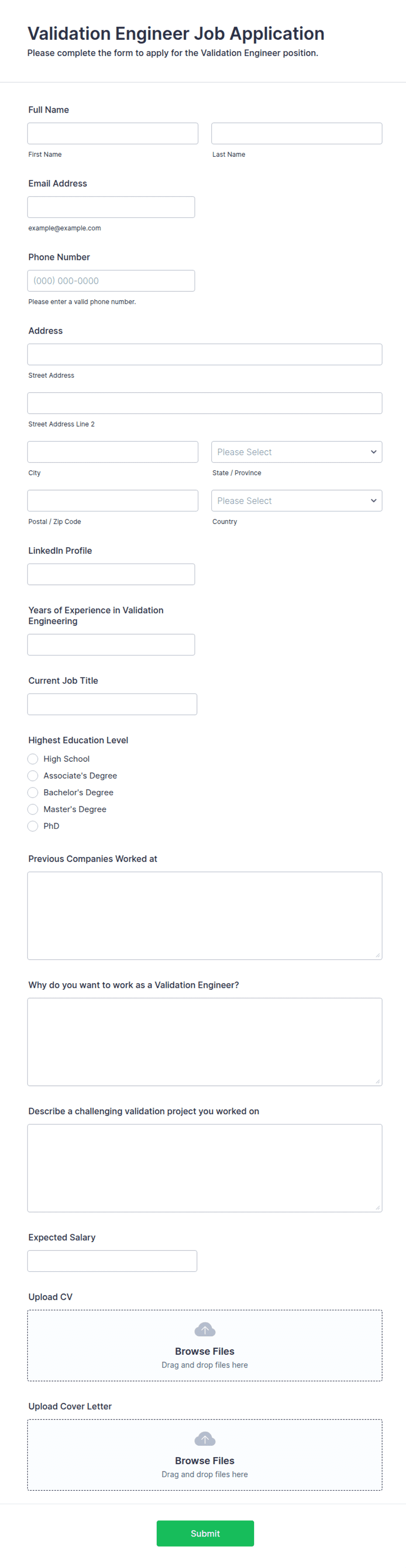 Validation Engineer Job Application Form Template | Jotform