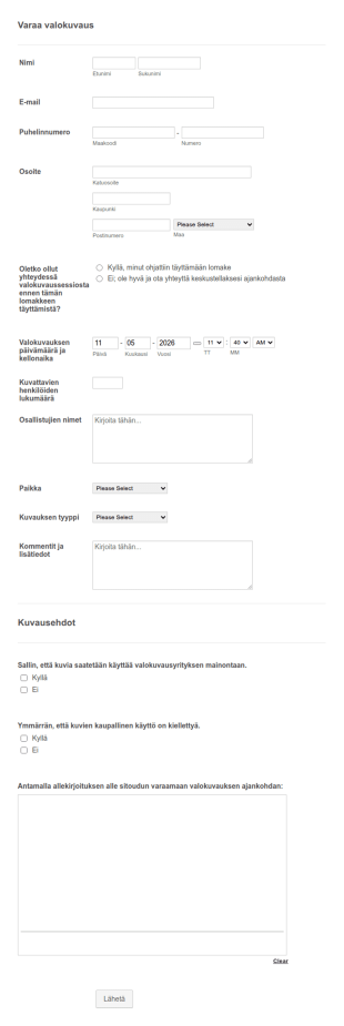 Valokuvauksen Varauslomake