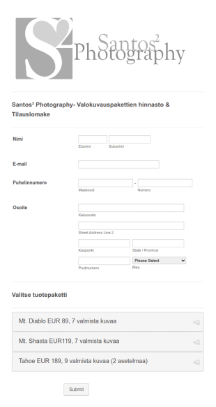 Valokuvauspaketin Tilauslomake