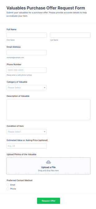 Valuables Purchase Offer Request Form Template