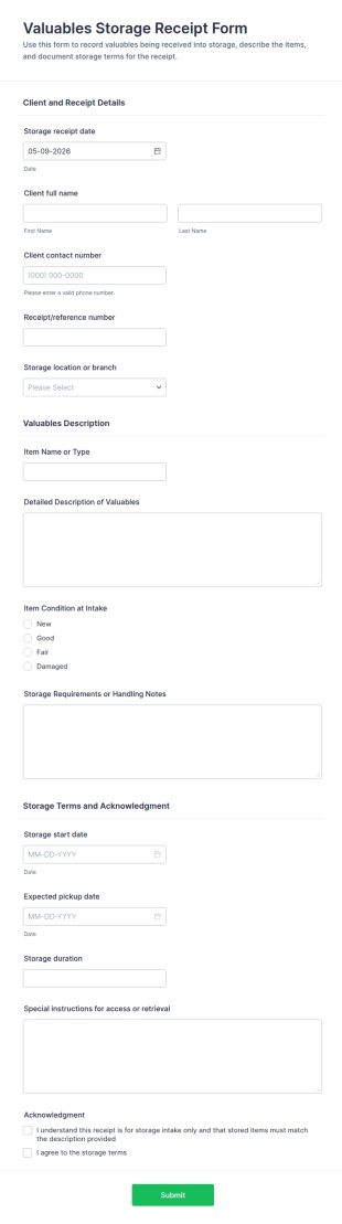 Valuables Storage Receipt Form Template