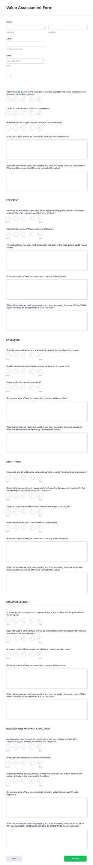 Value Assessment Form Template