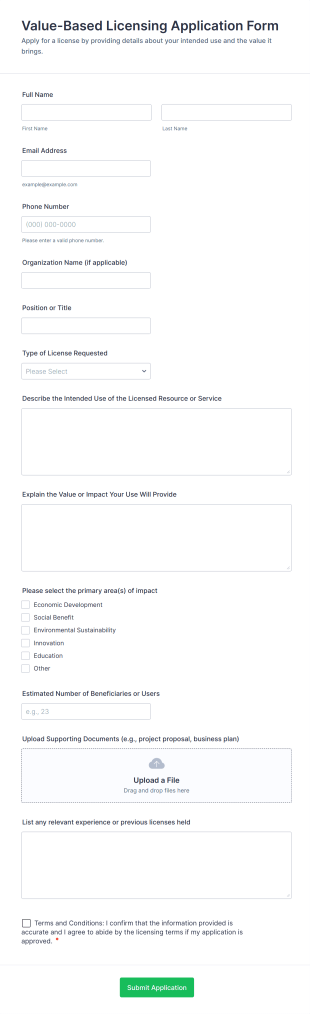 Value Based Licensing Application Form Template