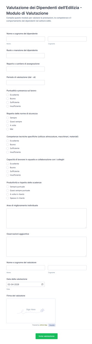 Valutazione Dei Dipendenti Dell'Edilizia Modulo Di Valutazione