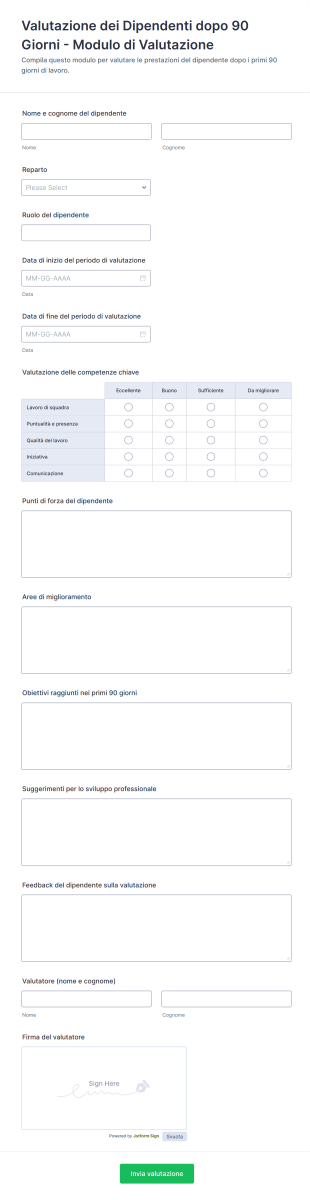Valutazione Dei Dipendenti Dopo 90 Giorni Modulo Di Valutazione
