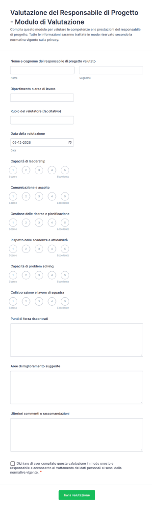 Valutazione Del Responsabile Di Progetto Modulo Di Valutazione