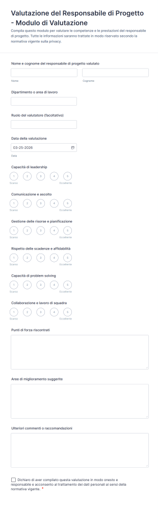 Valutazione Del Responsabile Di Progetto Modulo Di Valutazione