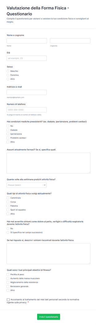 Questionario Di Valutazione Della Forma Fisica Form Template