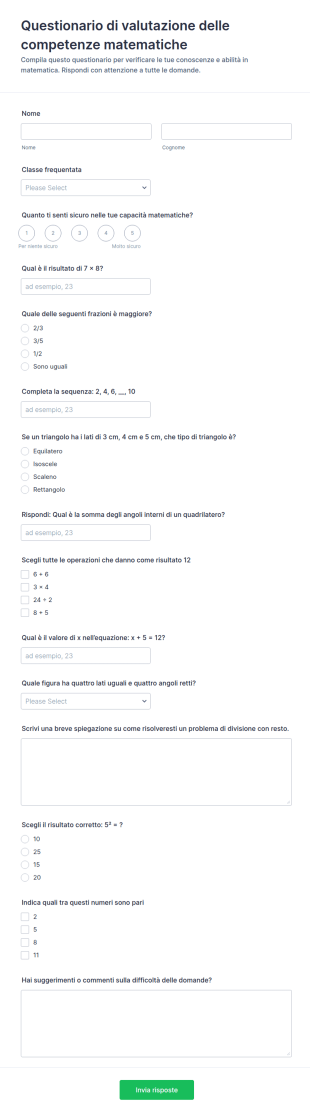 Valutazione Delle Competenze Matematiche Quiz