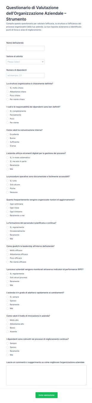 Valutazione Dell’Organizzazione Aziendale Questionario