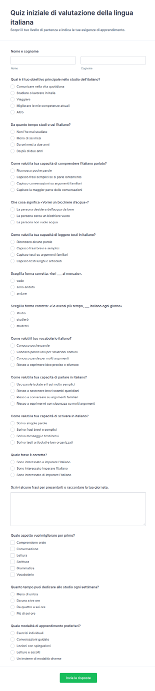 Valutazione Iniziale Della Lingua Quiz
