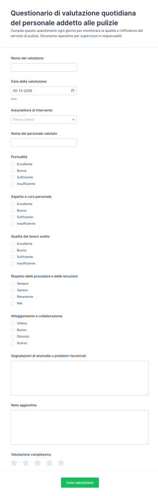 Valutazione Quotidiana Del Personale Di Pulizia Questionario