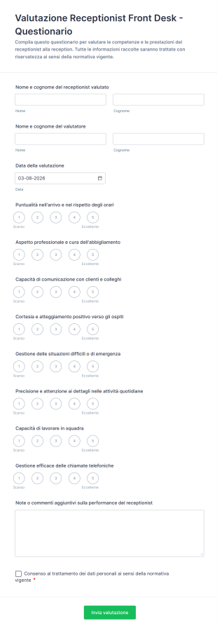 Valutazione Receptionist Front Desk Questionario