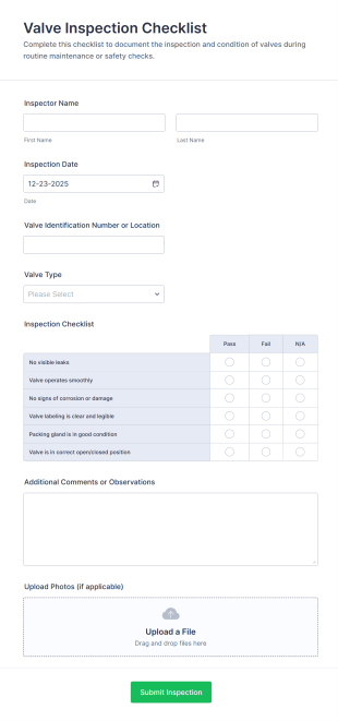 Valve Inspection Checklist Form Template