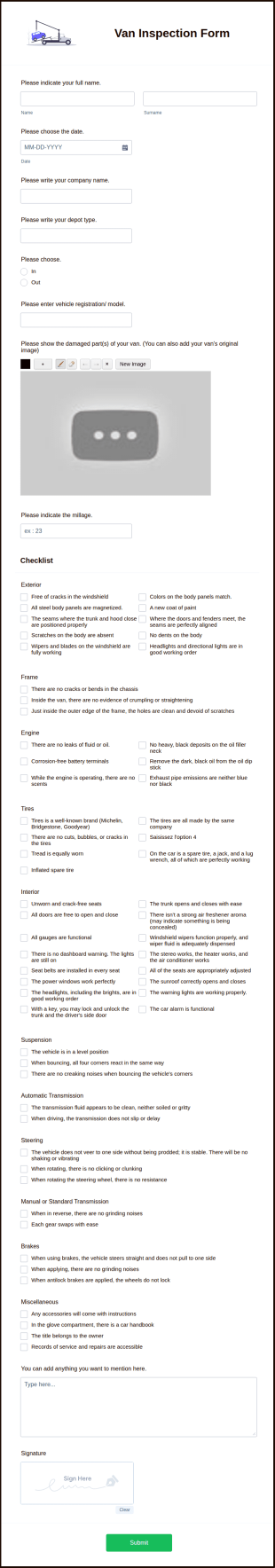 Van Inspection Form Template