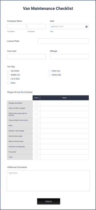 Van Maintenance Checklist Form Template