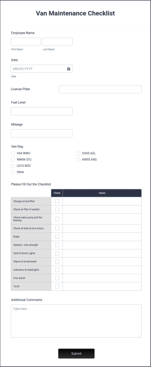 Van Maintenance Checklist Form Template