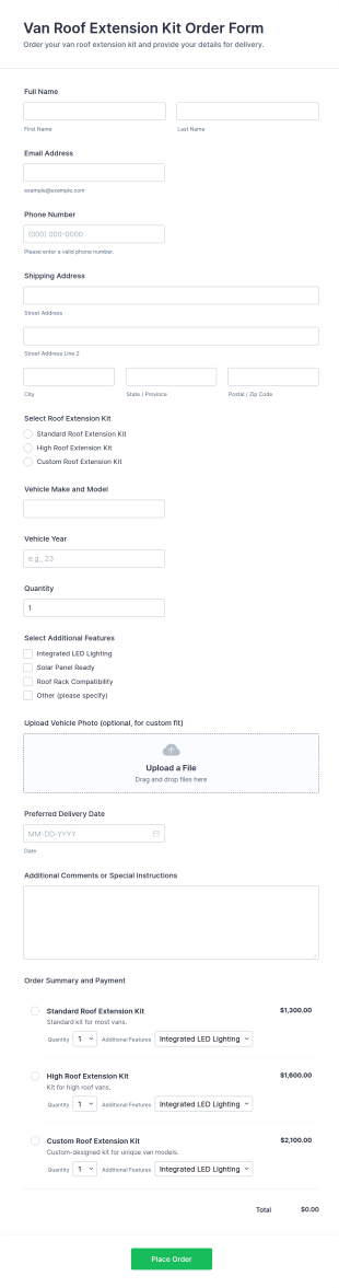 Van Roof Extension Kit Order Form Template