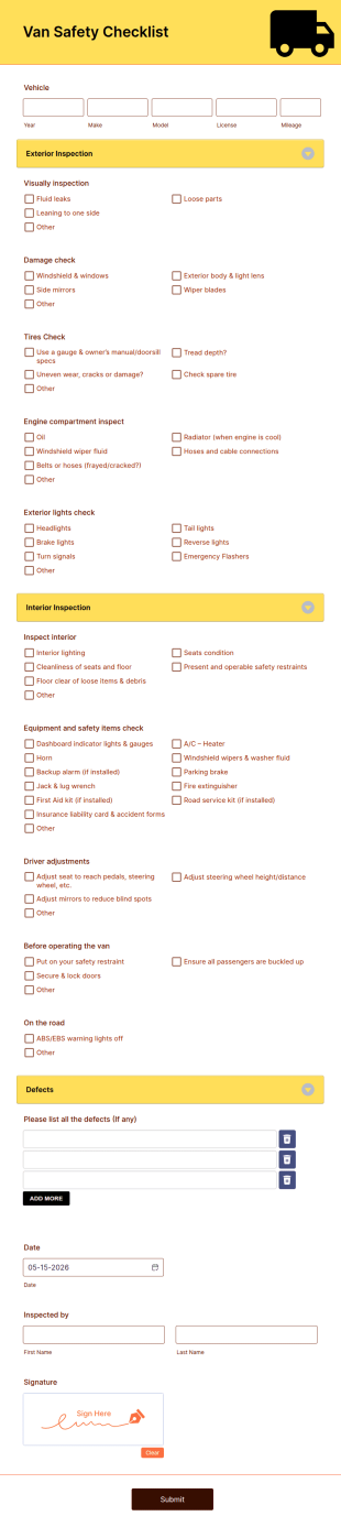 Van Safety Checklist Form Template