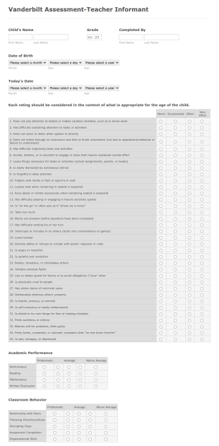 Vanderbilt Assessment Teacher Informant Form Template