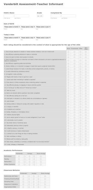 Vanderbilt Assessment Teacher Informant Form Template