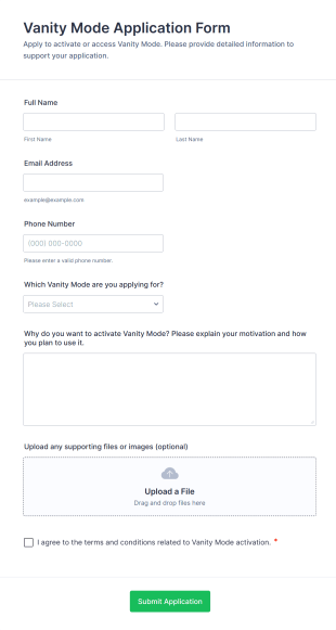 Vanity Mode Application Form Form Template