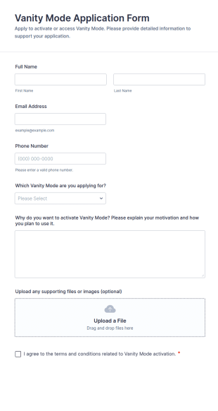 Vanity Mode Application Form Template