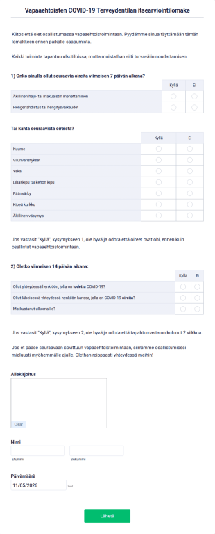 Vapaaehtoisten COVID 19 Terveydentilan Itsearviointilomake