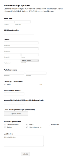Vapaaehtoisten Ilmoittautumislomake
