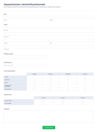 Vapaaehtoisten Rekisteröitymislomake Form Template