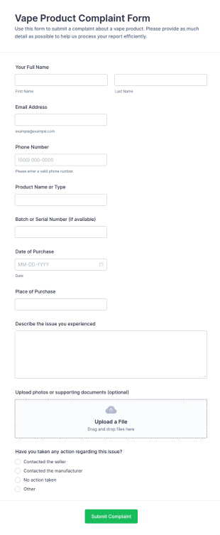 Vape Product Complaint Form Template