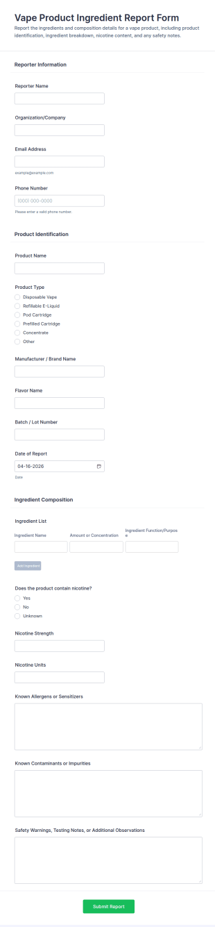 Vape Product Ingredient Report Form Template