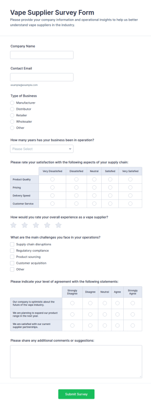 Vape Supplier Survey Form Template