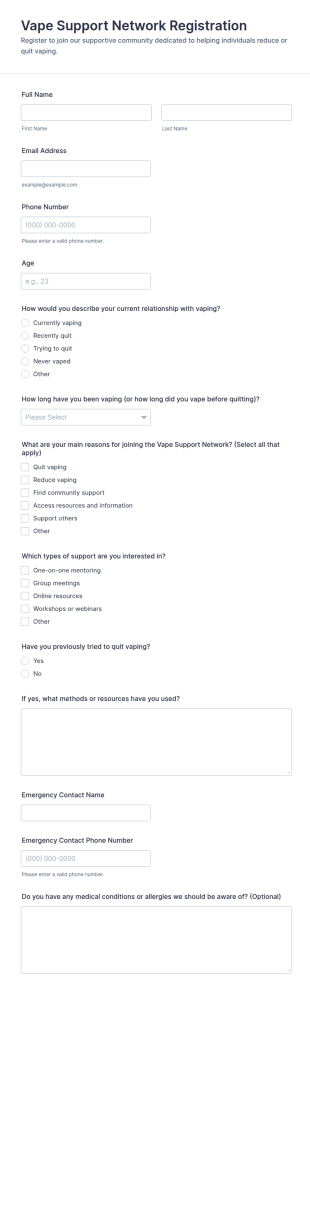 Vape Support Network Registration Form Template