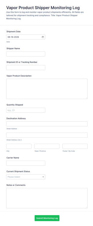 Vapor Product Shipper Monitoring Log Form Template