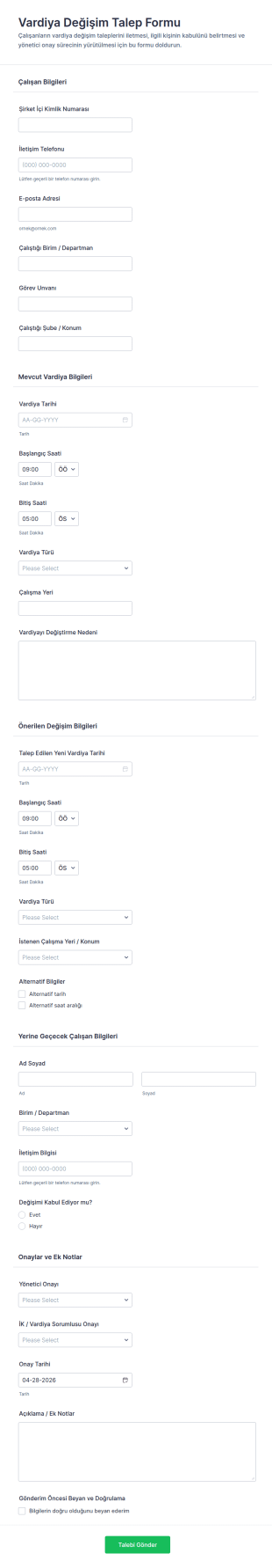 Vardiya Değiştirme Talep Form Şablonu