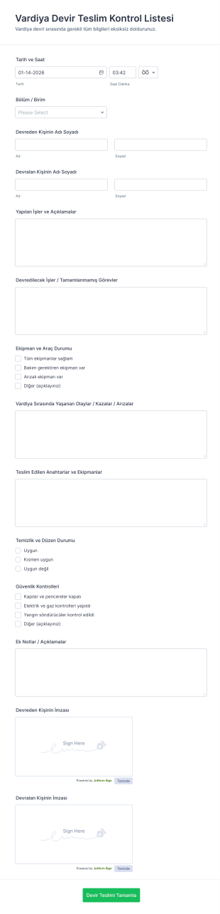 Vardiya Devir Teslim Kontrol Listesi Form Template