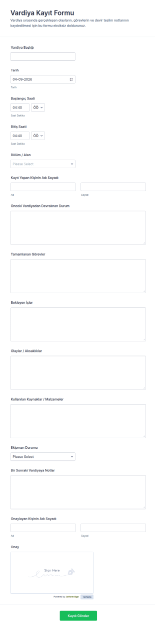 Vardiya Günlüğü Formu 🎯 Form Şablonu