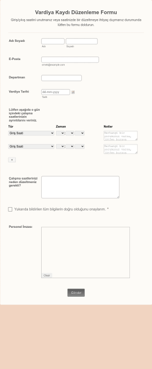 Vardiya Kaydı Düzenleme Form Şablonu
