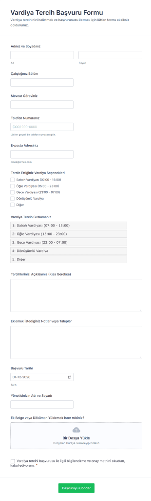 Vardiya Tercih Başvuru Form Template