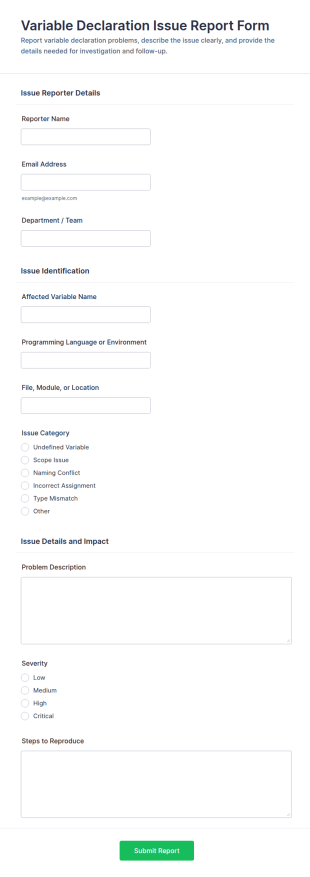 Variable Declaration Issue Report Form Template