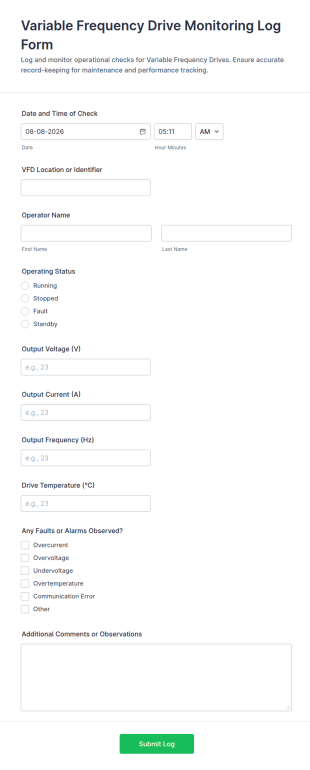Variable Frequency Drive Monitoring Log Form Template