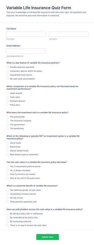 Variable Life Insurance Quiz Form Template