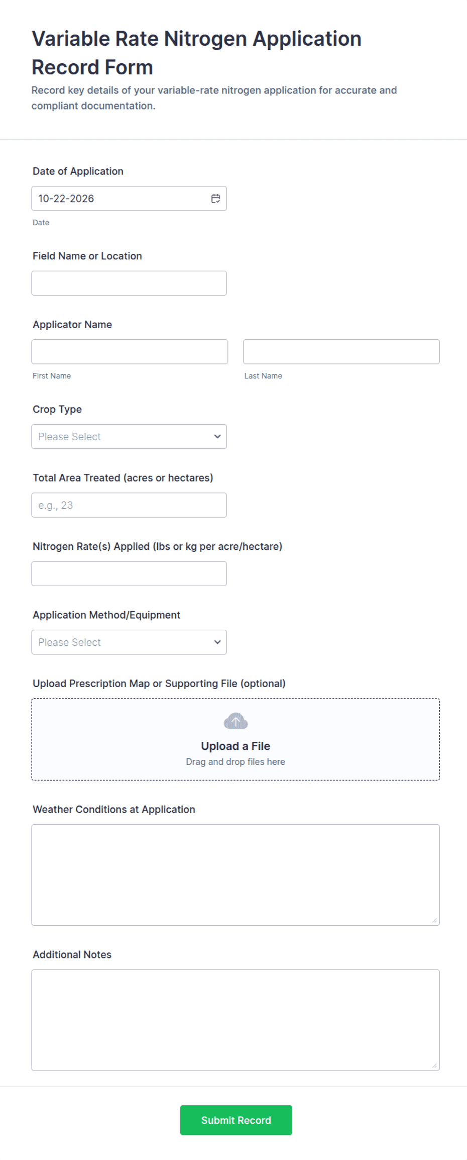 Variable Rate Nitrogen Application Record Form Template | Jotform