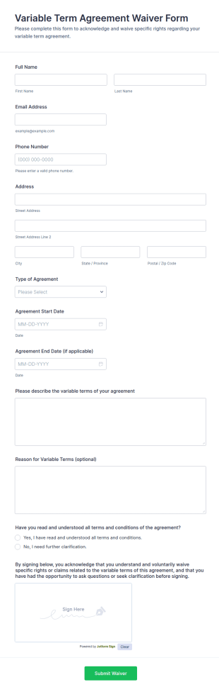 Variable Term Agreement Waiver Form Template